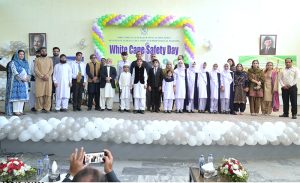 Additional Secretary at the Ministry of Federal Education and Professional Training (MoFEPT), Hassan Saqlain, addresses a ceremony marking White Cane Safety Day, organized by the Directorate General of Special Education at G-7/2.