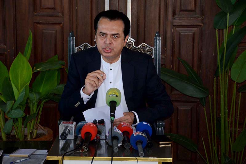 State Minister for Interior Senator Talal Chaudhary is addressing a press conference