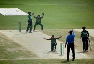 Bangladesh U-19 Women players appeal for the dismissal of a Pakistan U-19 batter during the T20 match of the ongoing series at Iqbal Stadium