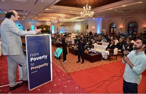 Chairman of the Prime Minister’s Youth Programme (PMYP), Rana Mashhood Ahmad Khan, addresses the International Conference on “Inclusive and Resilient Economic Empowerment and Growth,” organized by the Pakistan Poverty Alleviation Fund (PPAF) at a local hotel.