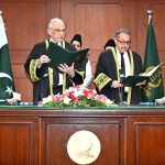 Justice Syed Hasan Azhar Rizvi taking oath as Acting Chief Justice of the Federal Constitutional Court of Pakistan at the Court premises