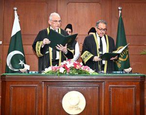 Justice Syed Hasan Azhar Rizvi taking oath as Acting Chief Justice of the Federal Constitutional Court of Pakistan at the Court premises