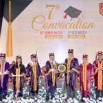 Prof. Dr. Rashid Latif Khan, Vice Chancellor of RLKU, presents a shield to Federal Minister for Planning, Development and Special Initiatives Ahsan Iqbal during the 7th convocation ceremony at Rashid Latif Medical and Dental College