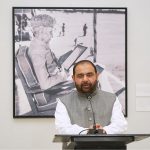 Federal Minister for National Heritage and Culture Aurangzeb Khan Khichi addressing students during the inaugural session of the "Beyond the Syllabus" lecture series at the National Library of Pakistan