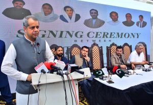 PCB Chief Operating Officer Sumair Ahmad Syed addresses a signing ceremony for the handover of Niaz Cricket Stadium to the PCB.