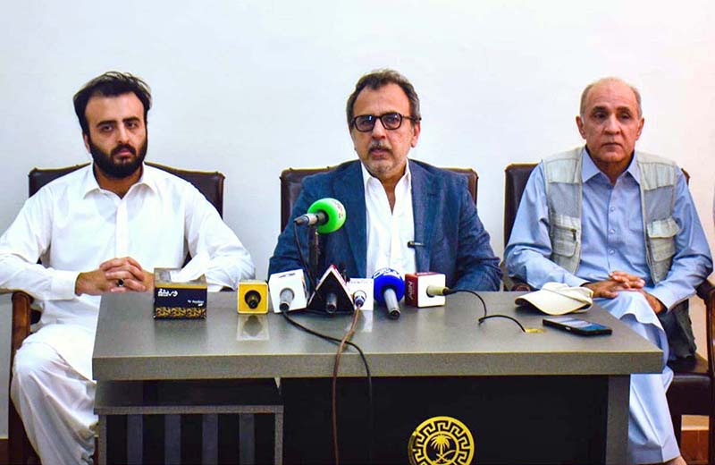 Federal Minister for Energy Sardar Awais Ahmed Khan Leghari media talk after visit to the Sardar Farooq Ahmed Khan Leghari Airport Expansion Project in Dera Ghazi Khan