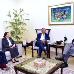 Federal Minister for Finance and Revenue, Senator Muhammad Aurangzeb, meeting with Sandeep Mahajan, Regional Practice Director for the MENAAP region, World Bank, alongside Ms. Bolormaa Amgaabazar, Country Director, World Bank, and Simon Andrews, Division Director, IFC, to discuss Pakistan's economic reforms and priorities for investment-led growth