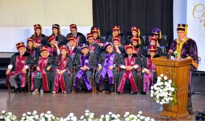 Prof. Dr. Rashid Latif Khan, Vice Chancellor of RLKU, presents a shield to Federal Minister for Planning, Development and Special Initiatives Ahsan Iqbal during the 7th convocation ceremony at Rashid Latif Medical and Dental College