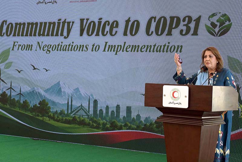 Chairperson PRCS Farzana Naek addressing during an event “Community Voice to COP31 from Negotiations to Implementation” organized by Pakistan Red Crescent Society