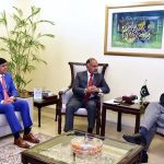 Federal Minister for Finance and Revenue, Senator Muhammad Aurangzeb, meeting with outgoing NDMA Chairman Lieutenant General Inam Haider Malik and incoming Chairman Lieutenant General Hasan Khattak to discuss disaster preparedness, climate resilience and institutional capacity