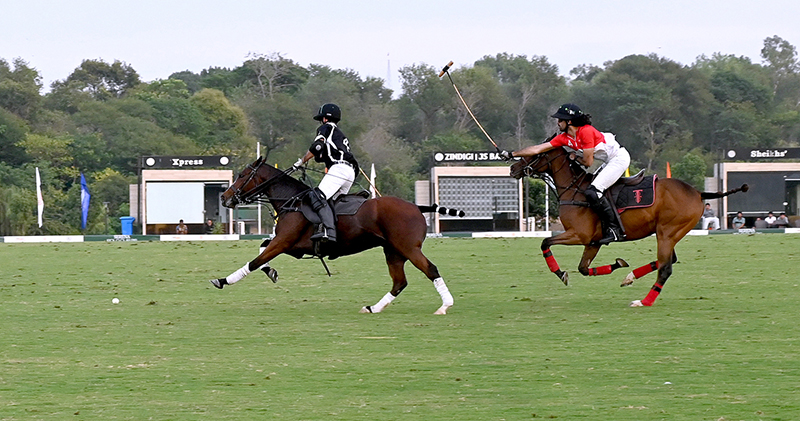 Players in action during the final match of the Serena Polo Cup 2026 between Team HN and Team ASEAN at the Islamabad Club Polo Ground