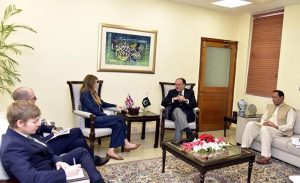 Federal Minister for Finance and Revenue, Senator Muhammad Aurangzeb, meeting with British High Commissioner to Pakistan, Jane Marriott, at the Finance Division to discuss economic reforms, trade, investment and Pakistan-UK