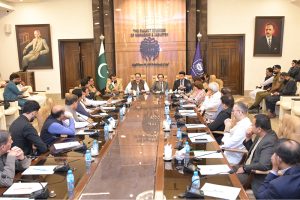Deputy Commissioner Awais Mushtaq and Khawar Hussain Spal, President of the Sialkot Chamber of Commerce and Industry (SCCI), are addressing the business community regarding the beautification and renovation project.