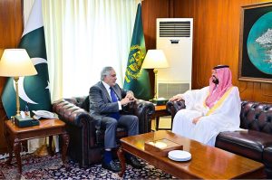 Deputy Prime Minister/Foreign Minister Senator Mohammad Ishaq Dar meeting the newly appointed Ambassador of the Kingdom of Saudi Arabia to Pakistan, Dr. Rajeh Tami Albugamy, at the Ministry of Foreign Affairs.