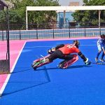A view of hockey match played between Air Base Inter College Mushaf and Reader College Sargodha hockey teams during Hockey Festival organized by Fatima Women Hockey Academy at Austro Turf Hockey Stadium