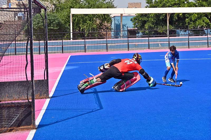 A view of hockey match played between Air Base Inter College Mushaf and Reader College Sargodha hockey teams during Hockey Festival organized by Fatima Women Hockey Academy at Austro Turf Hockey Stadium