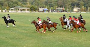 Players in action during the final match of the Serena Polo Cup 2026 between Team HN and Team ASEAN at the Islamabad Club Polo Ground
