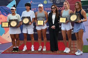 Chargé d’Affaires of the United States to Pakistan, H.E. Natalie A. Baker, presents a prize to the winning player during the prize distribution ceremony of the W-15 Islamabad Junaid Family Foundation World Tennis Women’s Championships 2026 at the Pakistan Tennis Federation (PTF) Tennis Complex