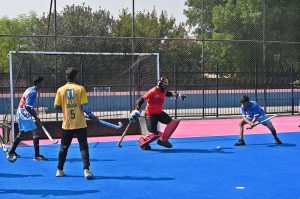 A view of hockey match played between Air Base Inter College Mushaf and Reader College Sargodha hockey teams during Hockey Festival organized by Fatima Women Hockey Academy at Austro Turf Hockey Stadium