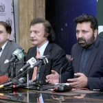 Chief Minister of Gilgit-Baltistan Advocate Amjad Hussain Azar, accompanied by Special Assistant/Adviser to the Prime Minister on Industries and Production Haroon Akhtar Khan (middle), addresses an important press conference at the PID Press Conference Hall