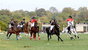 Players in action during the final match of the Serena Polo Cup 2026 between Team HN and Team ASEAN at the Islamabad Club Polo Ground