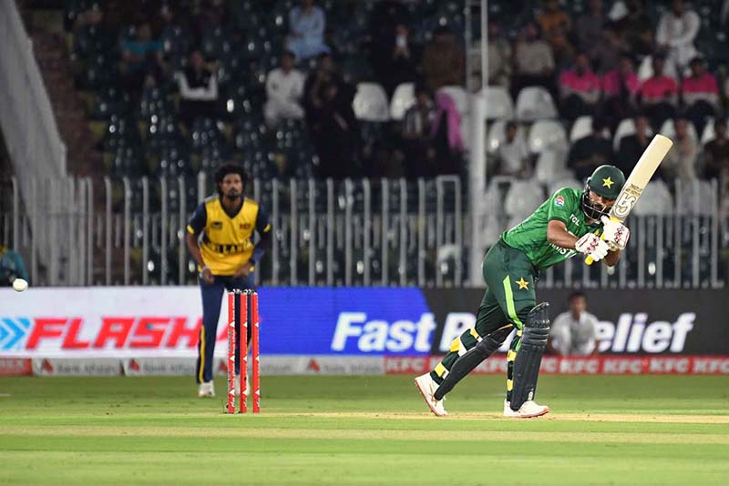 Pakistan’s batter Fakhar Zaman plays a shot during the 2nd T20 cricket match between Pakistan and Sri Lanka at Rawalpindi Cricket Stadium