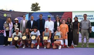 Chargé d’Affaires of the United States to Pakistan, H.E. Natalie A. Baker, presents a prize to the winning player during the prize distribution ceremony of the W-15 Islamabad Junaid Family Foundation World Tennis Women’s Championships 2026 at the Pakistan Tennis Federation (PTF) Tennis Complex