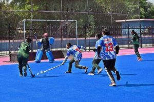 A view of hockey match played between Air Base Inter College Mushaf and Reader College Sargodha hockey teams during Hockey Festival organized by Fatima Women Hockey Academy at Austro Turf Hockey Stadium