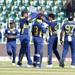 Sri Lankan players celebrate after dismissing England batter Tom Banton during the ODI Tri-Nation Series cricket match between England and Sri Lanka at Rawalpindi Cricket Stadium