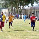 Students participate in 200 meters race during Inter School Athletics organized by Sports and Youth Affairs Department Government of Sindh at Tando Adam Cricket Stadium