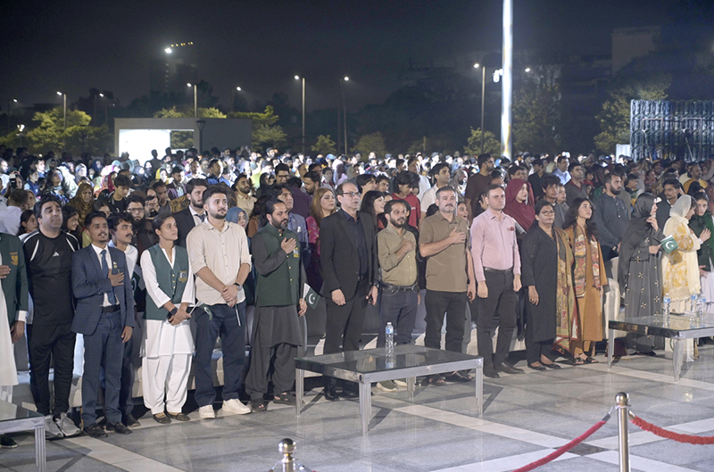 Federal Secretary for the Ministry of Information and Broadcasting, Ashfaq Ahmed Khalil attends the unveiling ceremony of the 'Yadgar-e-Fatah', a symbol of Pakistan's victory in Marka-e-Haq, in the federal capital. A large number of people participated the ceremony, featured a musical programme, along with an attractive projection mapping show highlighted the victory. The event was co-organized by the Ministry of Information and Broadcasting and the Capital Development Authority