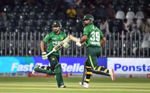 Pakistan’s batter Fakhar Zaman plays a shot during the 2nd T20 cricket match between Pakistan and Sri Lanka at Rawalpindi Cricket Stadium