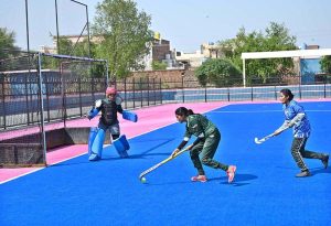 A view of hockey match played between Air Base Inter College Mushaf and Reader College Sargodha hockey teams during Hockey Festival organized by Fatima Women Hockey Academy at Austro Turf Hockey Stadium
