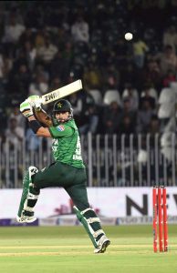 Pakistan’s batter Fakhar Zaman plays a shot during the 2nd T20 cricket match between Pakistan and Sri Lanka at Rawalpindi Cricket Stadium