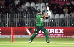 Pakistan’s batter Fakhar Zaman plays a shot during the 2nd T20 cricket match between Pakistan and Sri Lanka at Rawalpindi Cricket Stadium