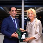 Federal Secretary for Commerce Jawad Paul presents Pakistani olive oil to Ms. Merlin Melles, Head of the visiting Dutch business delegation, as a token of goodwill and to promote the branding and international recognition of Pakistani products, during a business dinner hosted in Islamabad to strengthen bilateral trade and investment cooperation between Pakistan and the Netherlands