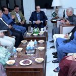 Defence Minister Khawaja Muhammad Asif addresses the business community while congratulating newly elected Sialkot Chamber of Commerce office-bearers, including President Sialkot Chamber of Commerce Khawar Hussain Spall, and others