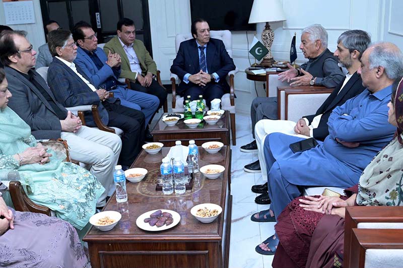 Defence Minister Khawaja Muhammad Asif addresses the business community while congratulating newly elected Sialkot Chamber of Commerce office-bearers, including President Sialkot Chamber of Commerce Khawar Hussain Spall, and others