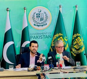 Parliamentary Secretary for Information & Broadcasting, Barrister Danyal Chaudhry addressing a press conference alongside Prime Minister's Coordinator Ikhtiar Wali Khan.