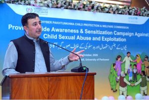 Secretary Social Welfare Sharif Hussain and Chief Child Commission Ijaz Muhammad Khan launch a province-wide awareness campaign against child sexual abuse and exploitation organized by KPCPWC, UNICEF and BlueVeins here at Area Study Centre University of Peshawar.