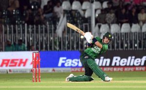 Pakistan’s batter Sahibzada Farhan plays a shot during the 2nd T20 cricket match between Pakistan and Sri Lanka at Rawalpindi Cricket Stadium