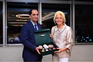 Federal Secretary for Commerce Jawad Paul presents Pakistani olive oil to Ms. Merlin Melles, Head of the visiting Dutch business delegation, as a token of goodwill and to promote the branding and international recognition of Pakistani products, during a business dinner hosted in Islamabad to strengthen bilateral trade and investment cooperation between Pakistan and the Netherlands