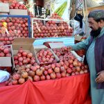 A vendor decorates pomegranates to attract customers at Meezan Chowk