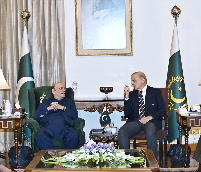 President Asif Ali Zardari in a meeting with Prime Minister Muhammad Shehbaz Sharif, along with members of the federal and provincial cabinets and parliament, at Aiwan-e-Sadr
