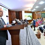Federal Minister for National Food Security and Research Rana Tanveer Hussain addresses a ceremony marking the inauguration of Pakistan’s first high-tech automatic beeswax foundation sheet preparation unit at the Honeybee Research Institute, NARC