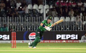 Pakistan’s batter Sahibzada Farhan plays a shot during the 2nd T20 cricket match between Pakistan and Sri Lanka at Rawalpindi Cricket Stadium