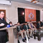 Russian Consul General Andrey Viktorovich Fedorov addresses an event to acknowledge Karachi Grammar School students at Karachi Press Club