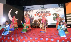 Children dressed in Kashmiri attire view photographs depicting alleged Indian atrocities against the Kashmiri people during a Kashmir Black Day event at the Arts Council.