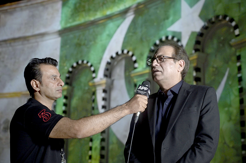Federal Secretary for the Ministry of Information and Broadcasting Ashfaq Ahmed Khalil talks to the media at the unveiling ceremony of 'Yadgar-e-Fatah', a symbol of Pakistan's victory in Marka-e-Haq, in the federal capital. A large number of people participated in the ceremony, which featured a musical programme along with an impressive projection mapping show highlighting the victory. The event was co-organized by the Ministry of Information and Broadcasting and the Capital Development Authority
