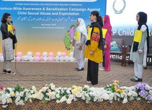 Secretary Social Welfare Sharif Hussain and Chief Child Commission Ijaz Muhammad Khan launch a province-wide awareness campaign against child sexual abuse and exploitation organized by KPCPWC, UNICEF and BlueVeins here at Area Study Centre University of Peshawar.